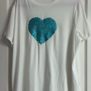 White T-Shirt with Teal Sequin Heart